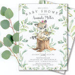 Invitación Adorable Baby Raccoon and Mom Woodland Baby Shower<br><div class="desc">Cute baby shower invitation featuring sweet baby raccoon with mom sitting on a tree stump and framed with natural green watercolor leaves set on a white background.  Flip our invite over to view a matching green leaf back for an extra special touch..</div>