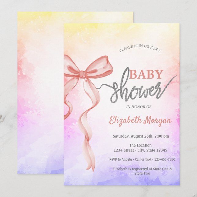 Invitación Adorable Baby Shower Bow Rosa Ombre (Anverso / Reverso)