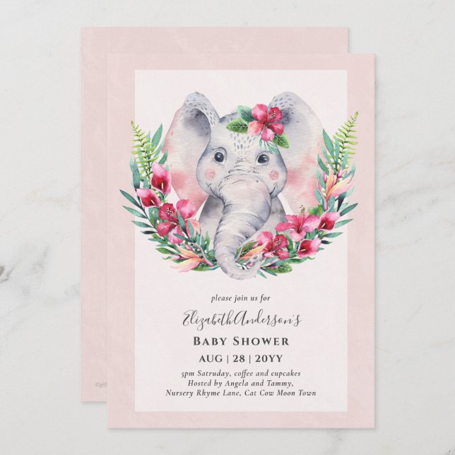 Invitación Adorable Baby Shower Elephant Floral Invite (Anverso / Reverso)