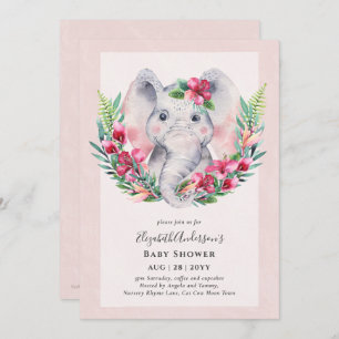 Invitación Adorable Baby Shower Elephant Floral Invite