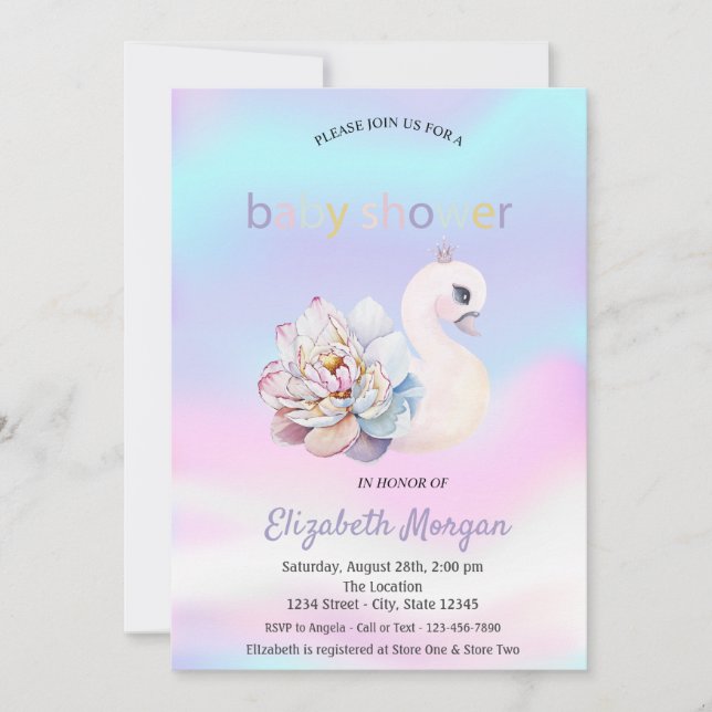Invitación Adorable Baby Shower Holográfico de Flor de Cisne (Anverso)