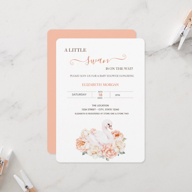 Invitación Adorable Baby Swan Rosas Baby Shower (Anverso/Reverso In Situ)