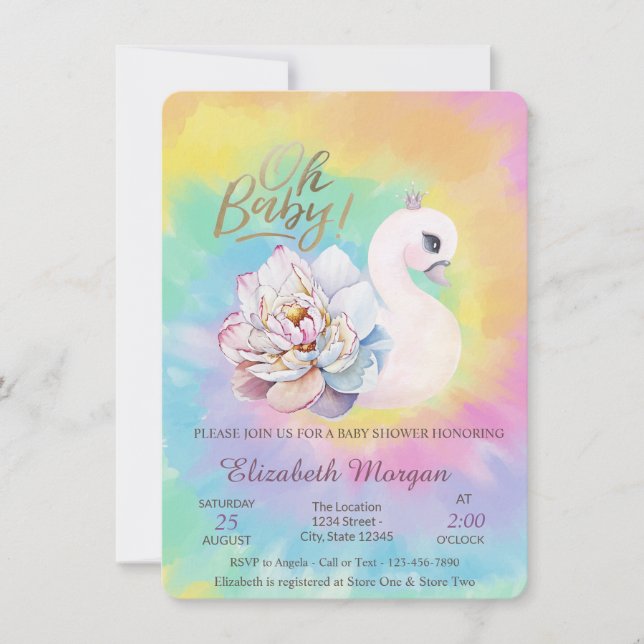Invitación Adorable Baby Swan Tie Dye Baby Shower (Anverso)