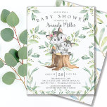 Invitación Adorable Baby Wolf and Mom Baby Shower Invitation<br><div class="desc">Cute baby shower invitation featuring sweet baby wolf with mom sitting on a tree stump and framed with natural green watercolor leaves set on a white background.  Flip our invite over to view a matching green leaf back for an extra special touch..</div>