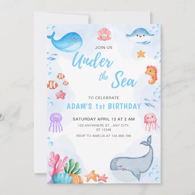Invitación Adorable Bajo El Mar Cumpleaños (Anverso)