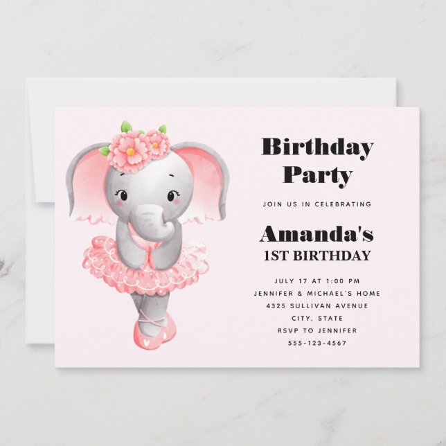 Invitación Adorable Ballerina Elephant En Pointe Cumpleaños (Anverso)