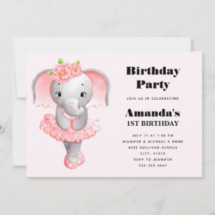 Invitación Adorable Ballerina Elephant En Pointe Cumpleaños