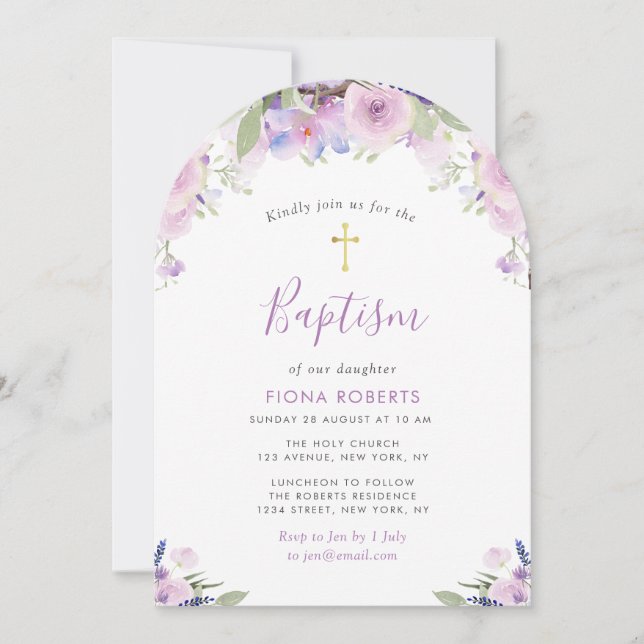 Invitación adorable bautismo de flores moradas de lavanda (Anverso)