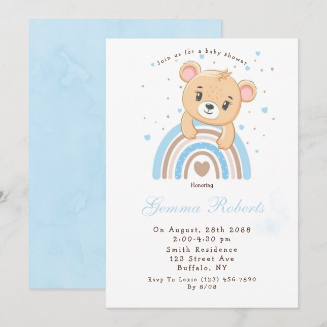 Invitación Adorable Bear Boho Rainbow Boy Baby Shower (Anverso / Reverso)