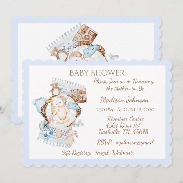 Invitación Adorable bebé azul recién nacido ducha (Anverso / Reverso)