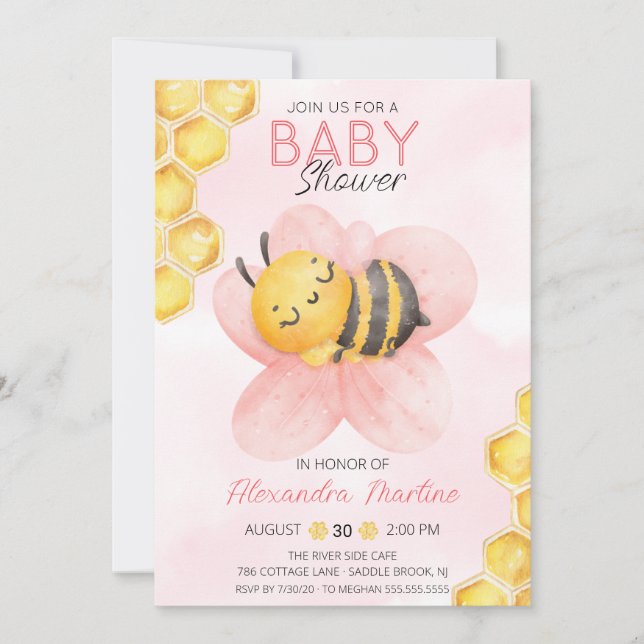 Invitación Adorable Bee chica con flores rosa (Anverso)
