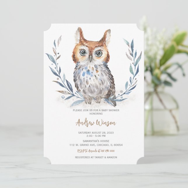 Invitación Adorable Blue Owl Baby Shower (Anverso de pie)