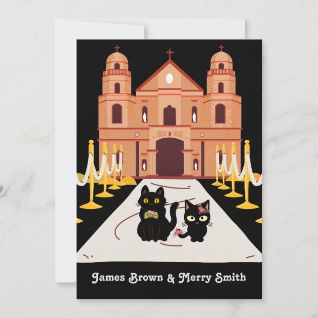 Invitación Adorable Boda de la Iglesia de los Dos Gatos Negro (Anverso)