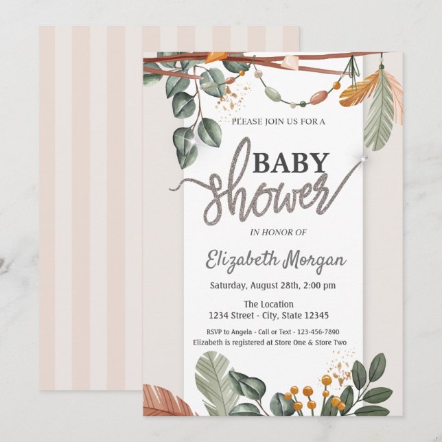 Invitación Adorable Boho Baby Shower (Anverso / Reverso)