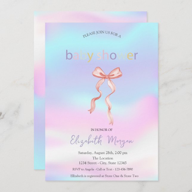 Invitación Adorable Bow Rosa Holográfico Baby Shower (Anverso / Reverso)