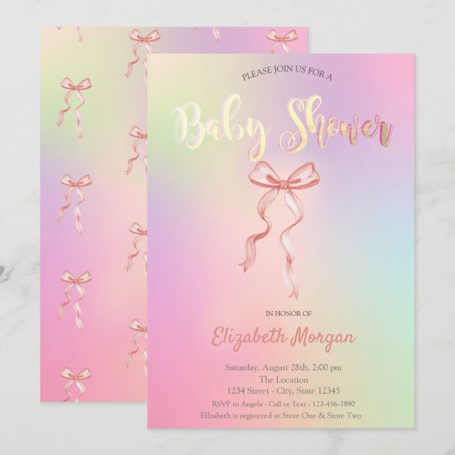Invitación Adorable Bow Rosa Holográfico Baby Shower (Anverso / Reverso)