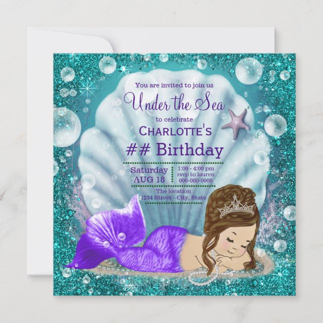 Invitación Adorable brunette Mermaid Bajo el Mar Cumpleaños (Anverso)