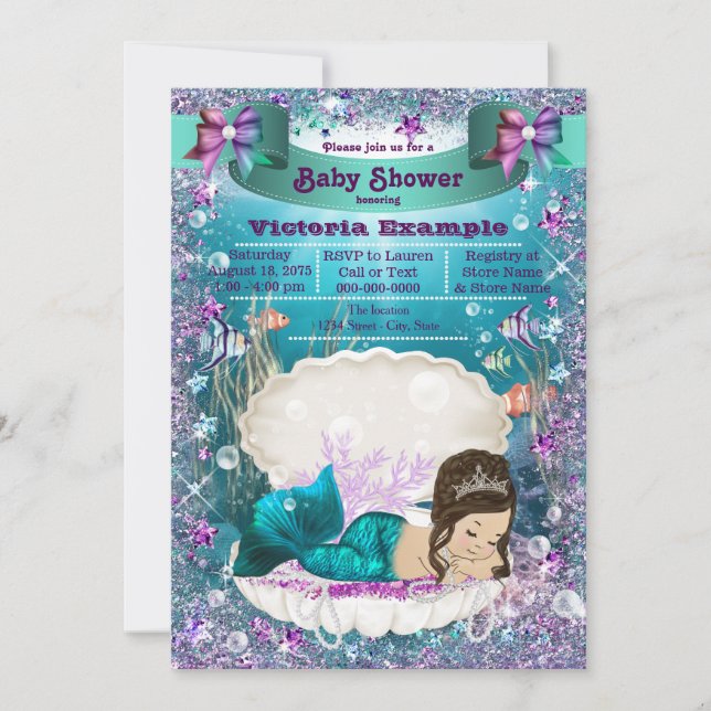 Invitación Adorable Brunette Mermaid Princess Baby Shower (Anverso)