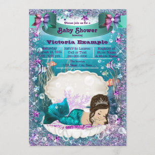 Invitación Adorable Brunette Mermaid Princess Baby Shower