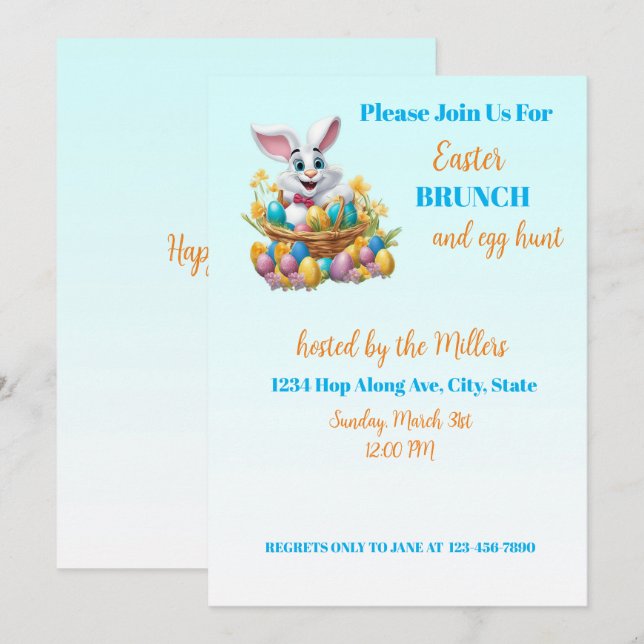 Invitación 🐇 Adorable Bunny Easter Brunch & Egg Hunt (Anverso / Reverso)
