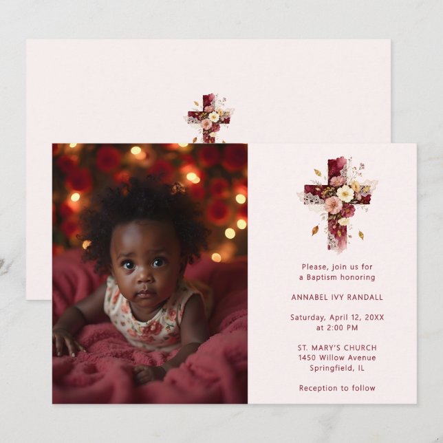 Invitación Adorable Burgundy Glitter Floral Cross Baptism (Anverso / Reverso)