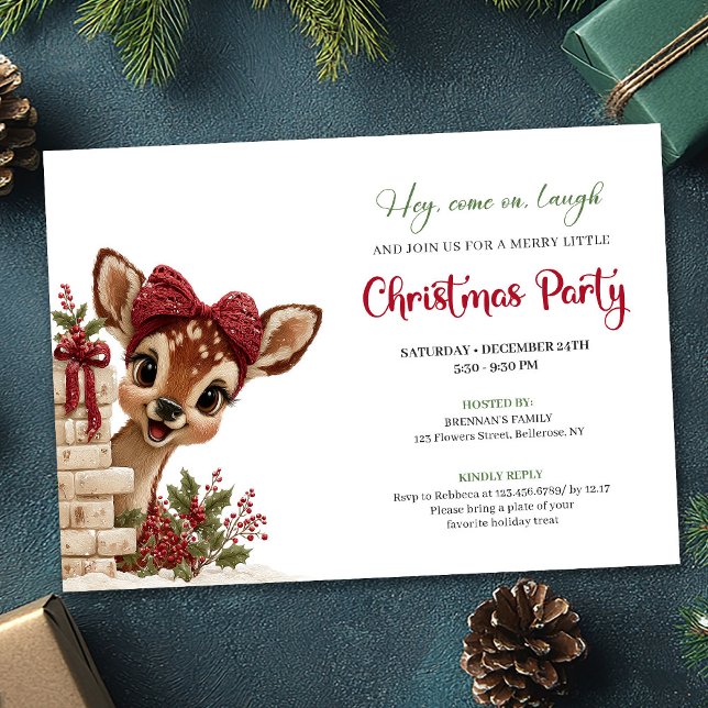 Invitación Adorable Christmas baby deer peeking party invite (Elegant Funny Baby Reindeer Cartoon Watercolor Invitation

)
