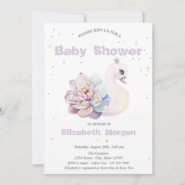 Invitación Adorable Cisne Estrellas Flores Baby Shower  (Anverso)
