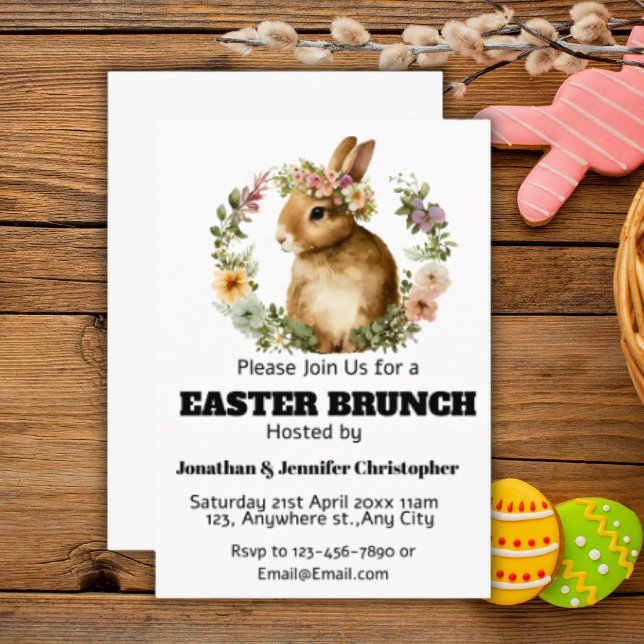 Invitación Adorable conejo de brunch de Pascua con flores de  (Subido por el creador)