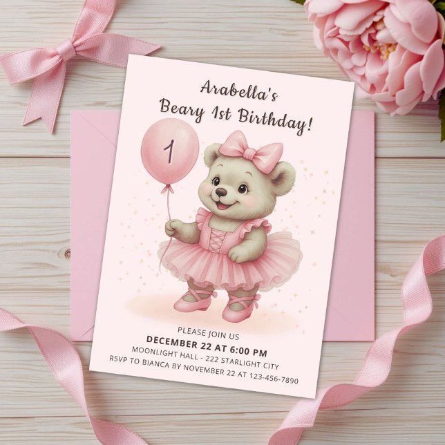 Invitación Adorable Coquette Ballerina Bear Cumpleaños (Subido por el creador)