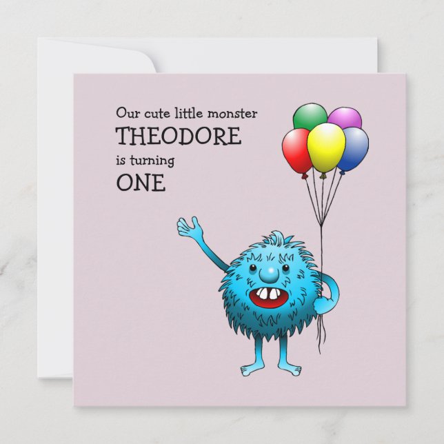 Invitación Adorable Creatura Azul con globos (Anverso)