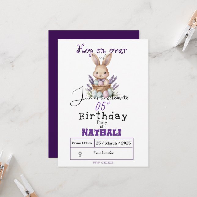 Invitación Adorable cumpleaños con tema de conejo (Anverso/Reverso In Situ)