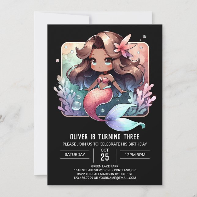Invitación Adorable cumpleaños de la sirena oceánica (Anverso)