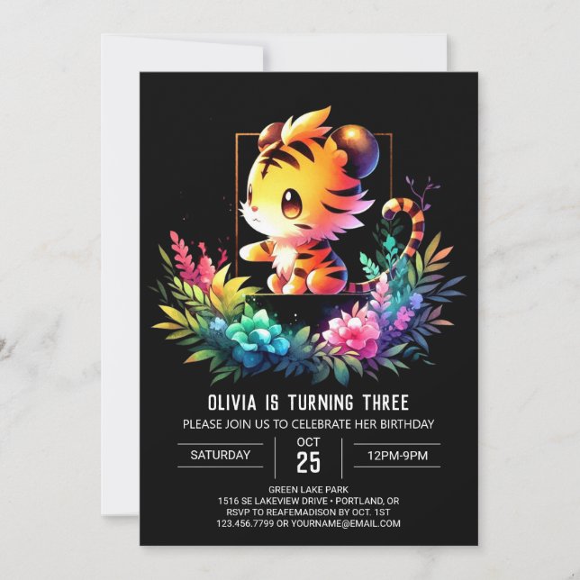 Invitación Adorable cumpleaños del tigre encantado (Anverso)