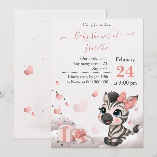 Invitación adorable de shower de bebé cebra (Anverso / Reverso)