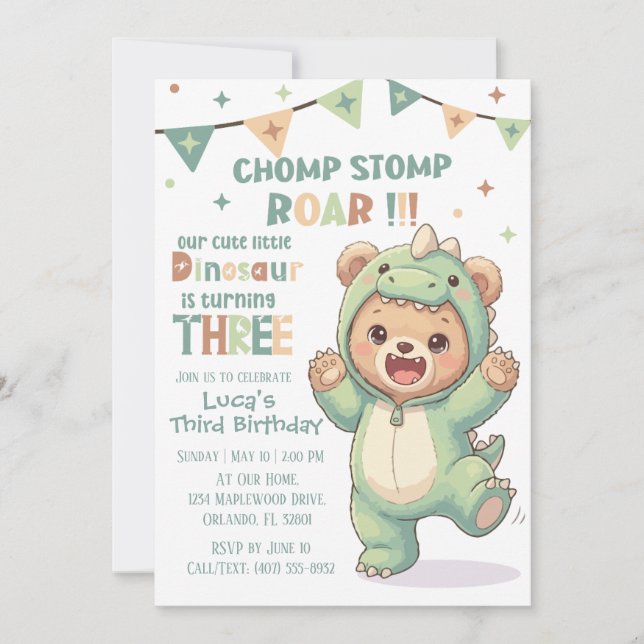 Invitación Adorable Dino Osito Teddy | Tercer Cumpleaños de D (Anverso)