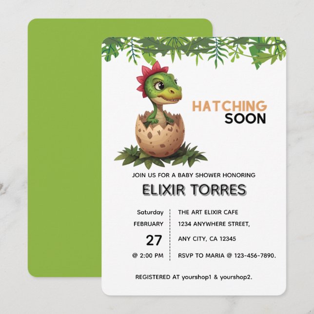 Invitación Adorable dinosaurio bebé Kawaii eclosionando (Anverso / Reverso)