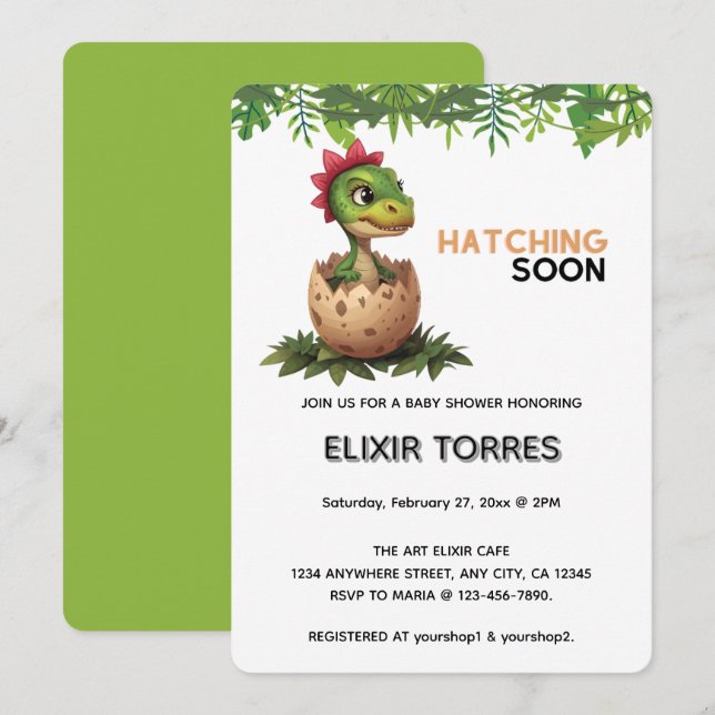 Invitación Adorable dinosaurio bebé Kawaii que eclosiona (Anverso / Reverso)