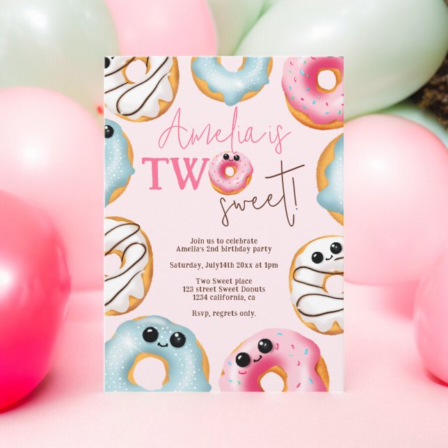 Invitación Adorable Dos dulces adorables donuts 2º cumpleaños (Adorable Two sweet cute donuts 2nd birthday Invitation on pink)