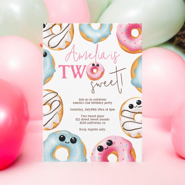 Invitación Adorable Dos dulces adorables donuts 2º cumpleaños (Adorable Two sweet cute donuts 2nd birthday Invitation)