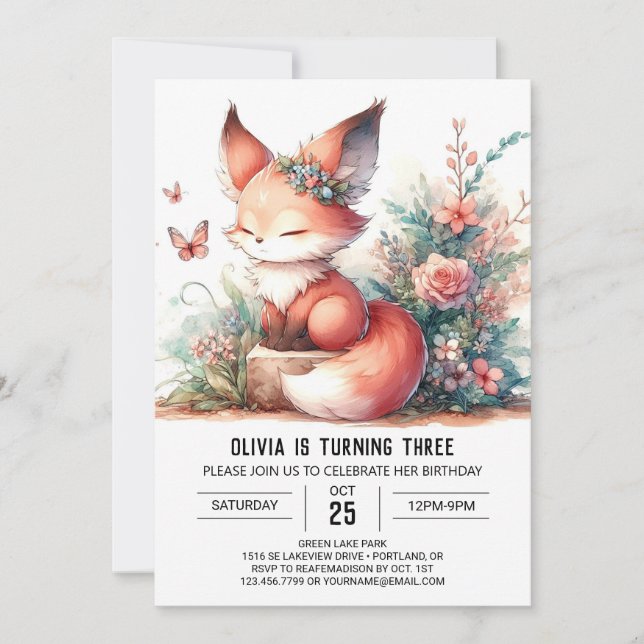 Invitación Adorable Dreamy Fox Birthday digital (Anverso)