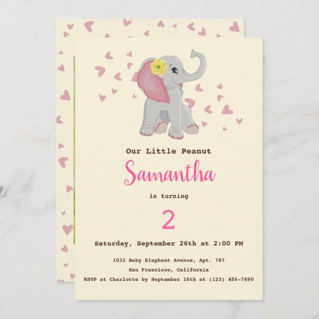 Invitación Adorable elefante pequeño y dulce, rosa y gris cum (Anverso / Reverso)
