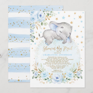 Invitación Adorable Elephant Blue Gold Baby Shower Por Correo