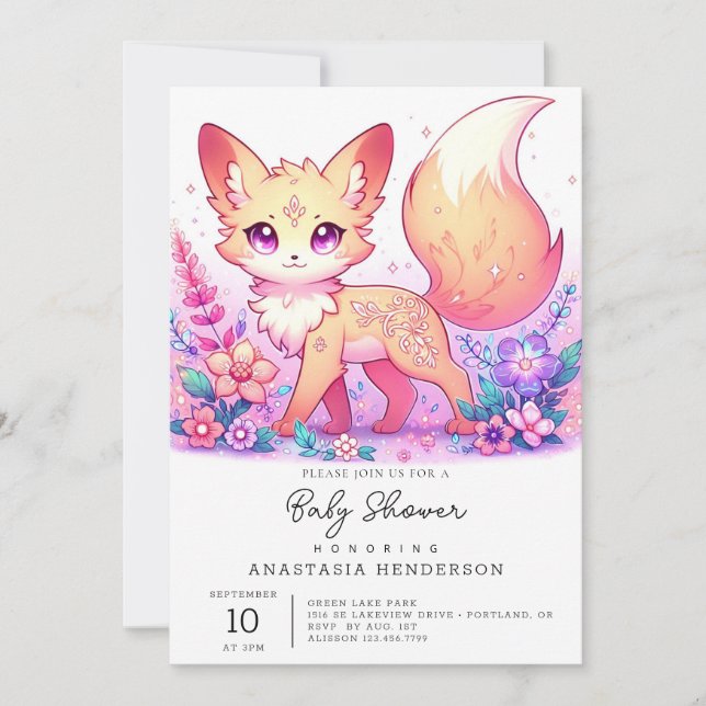 Invitación Adorable Fantasy Fox Baby Shower (Anverso)