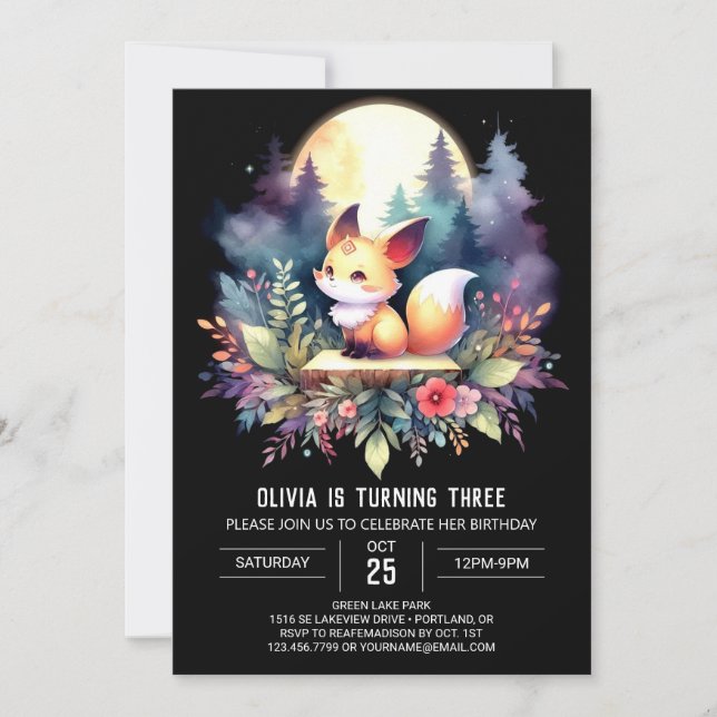 Invitación Adorable Fantasy Fox Birday digital (Anverso)