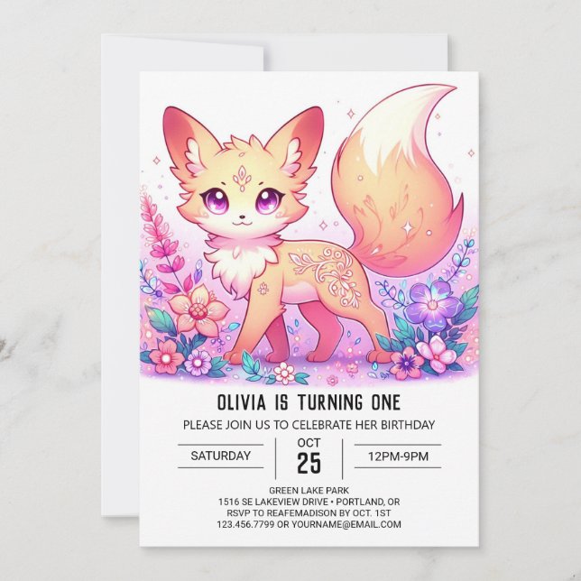 Invitación Adorable Fantasy Fox primer cumpleaños (Anverso)