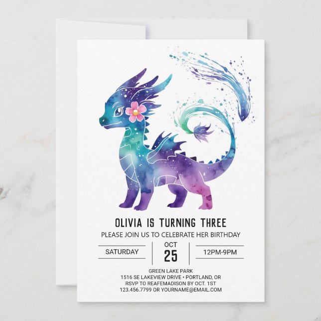 Invitación Adorable Feliz Dragón Digital Chica Cumpleaños (Anverso)
