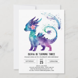 Invitación Adorable Feliz Dragón Digital Chica Cumpleaños