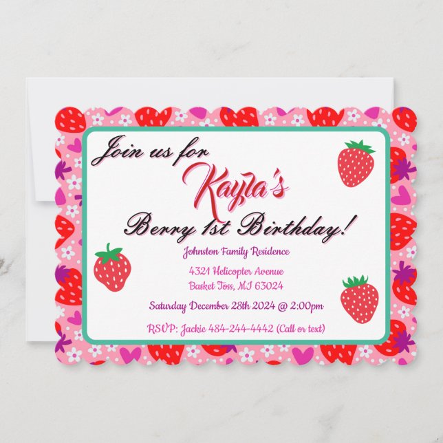 Invitación Adorable fiesta de cumpleaños de fresa (Anverso)