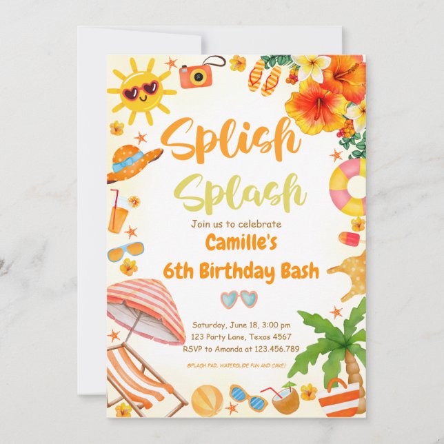Invitación Adorable Fiesta de Cumpleaños Splash Salpicaduras  (Anverso)