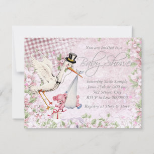 Invitación Adorable Fiesta Vintage Rosa Cigüeña Baby Shower